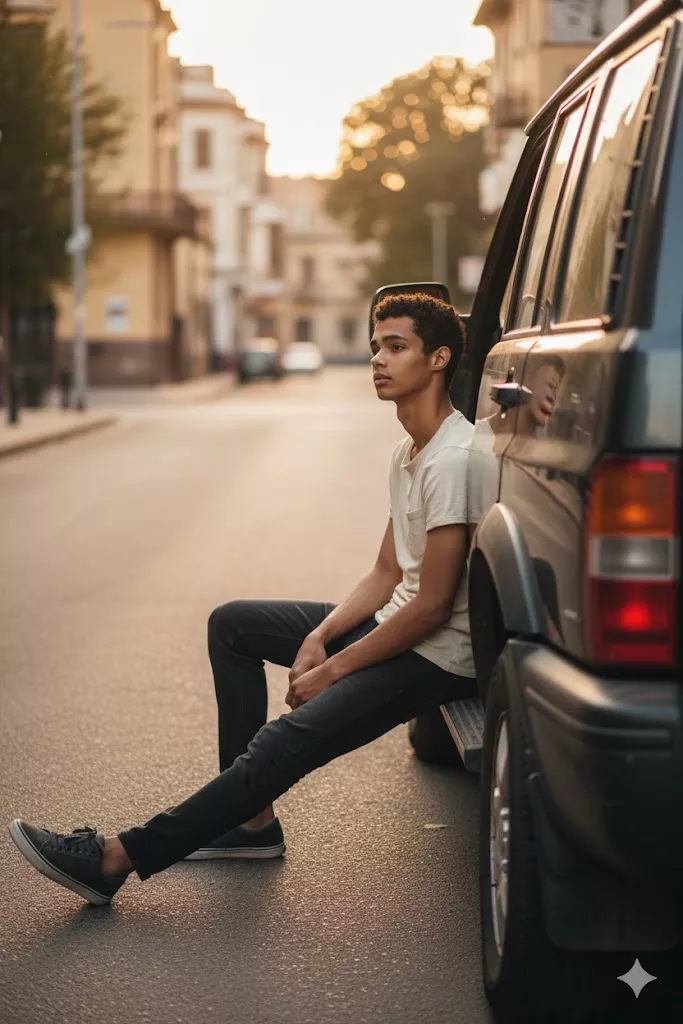 man sitting on open door tata sierra documentary lifestyle photo