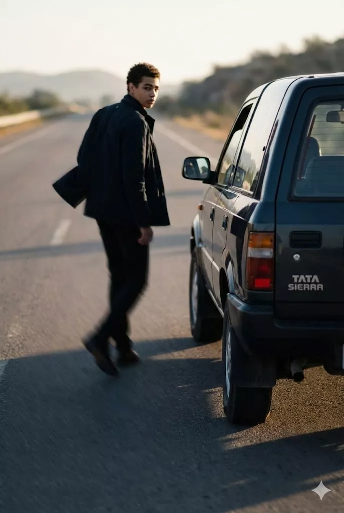 man walking past tata sierra cinematic storytelling automotive photo
