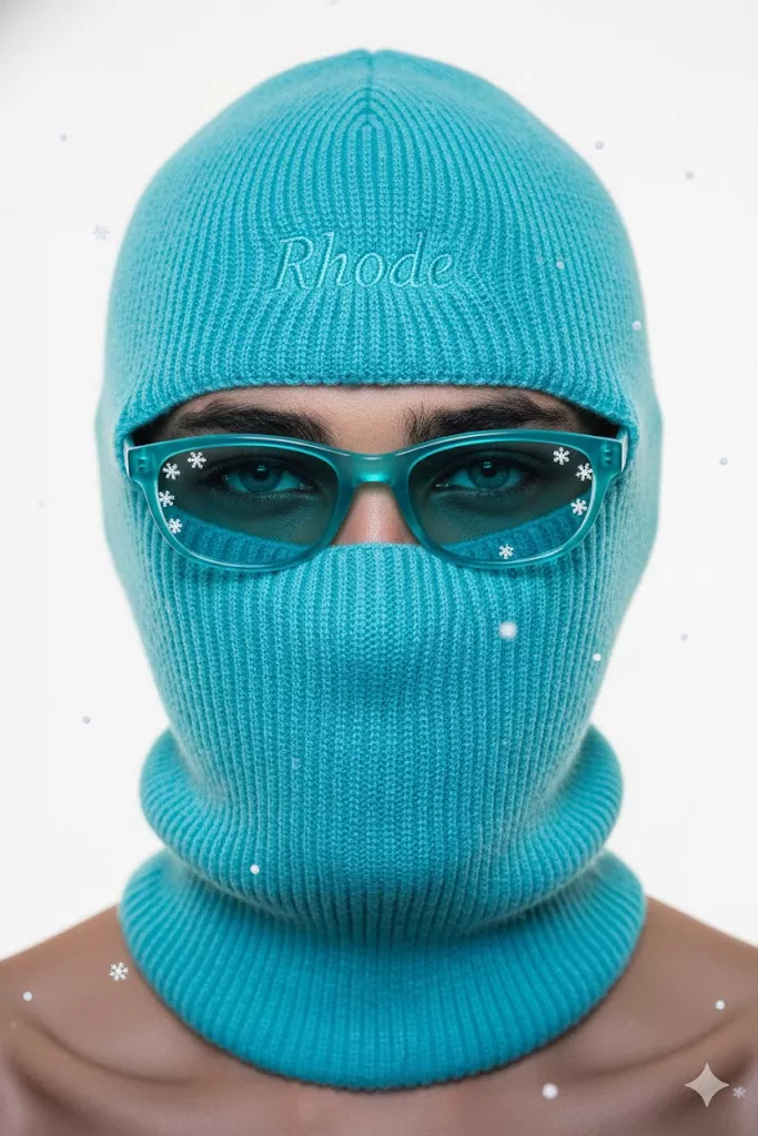 tiffany blue balaclava rhode embroidery sunglasses snowflakes studio portrait