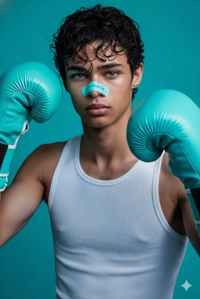 tiffany and co boxing gloves fashion portrait wet curly hair turquoise background 8k