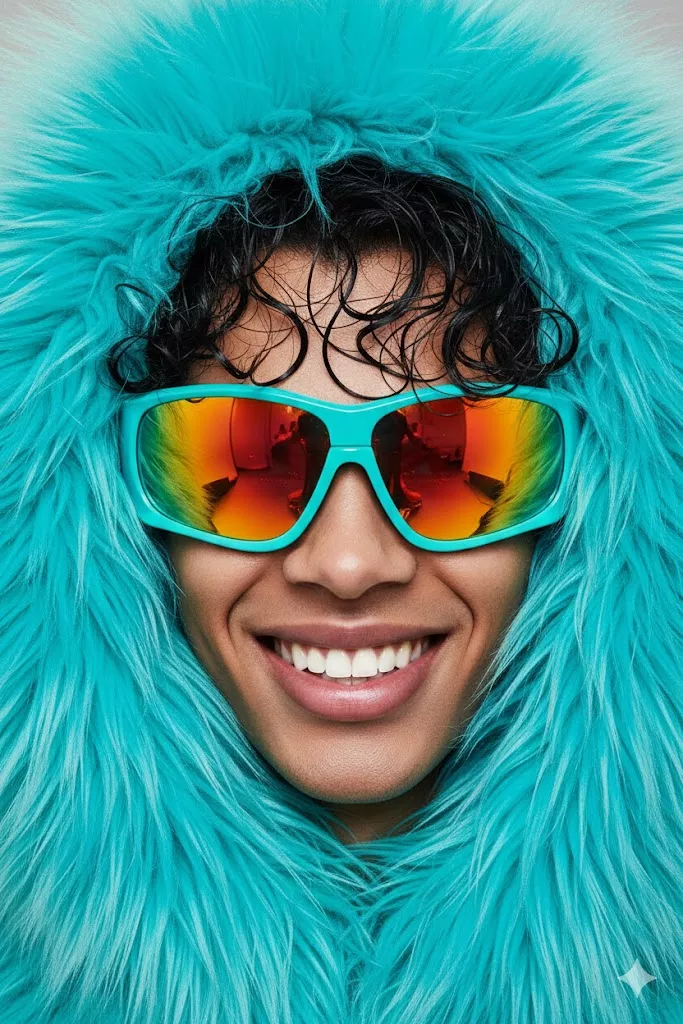 teen vogue cover style turquoise fur sunglasses orange lenses wet curly hair smiling