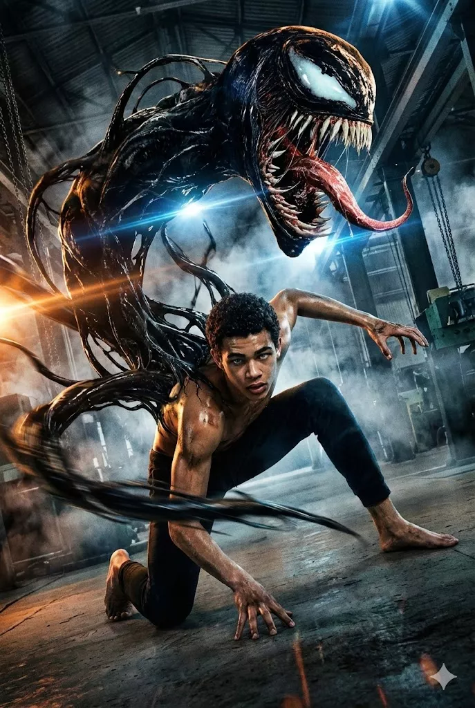 venom symbiote cinematic action pose industrial warehouse