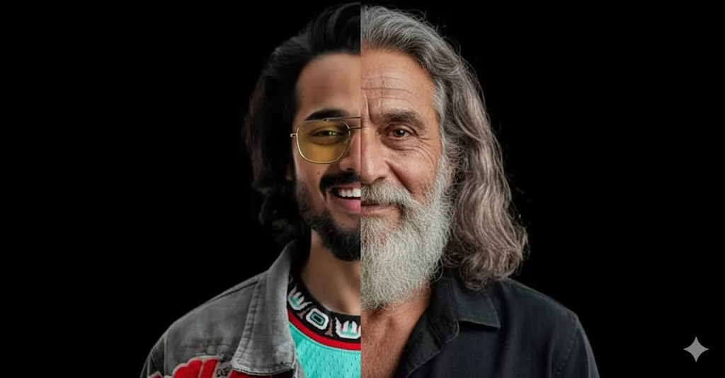 young to old age split face portrait dramatic lighting