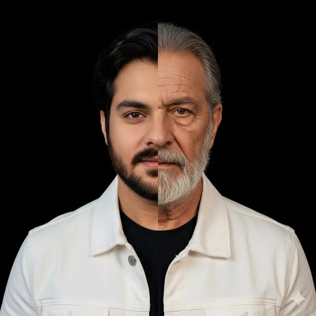 half young half old portrait split effect cinematic studio look