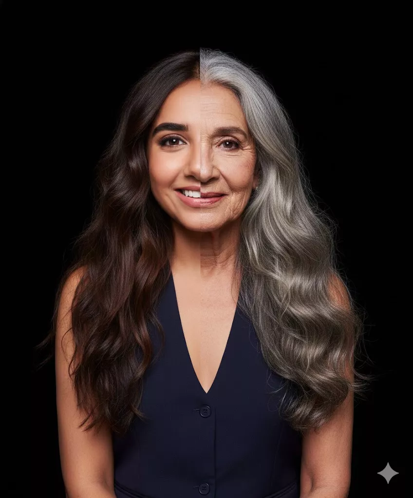 realistic age transformation split portrait clean black background