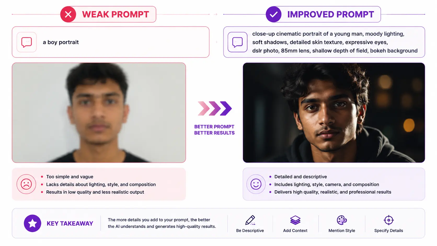 Before and after AI prompt comparison showing better prompt writing
