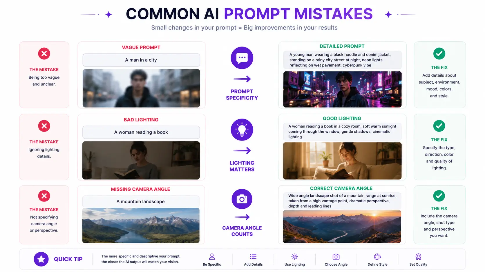 Common AI prompt mistakes compared with improved prompt examples