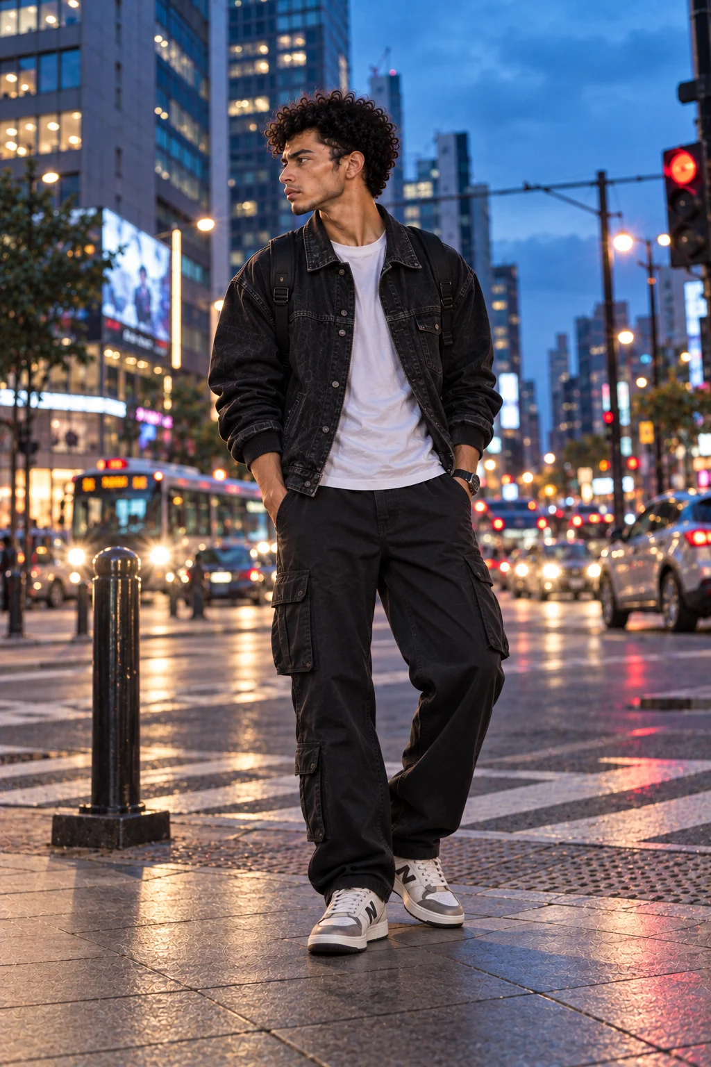 Cinematic downtown boy portrait at blue hour