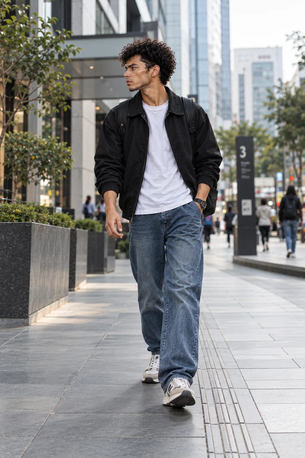 Realistic street fashion walking portrait of a boy