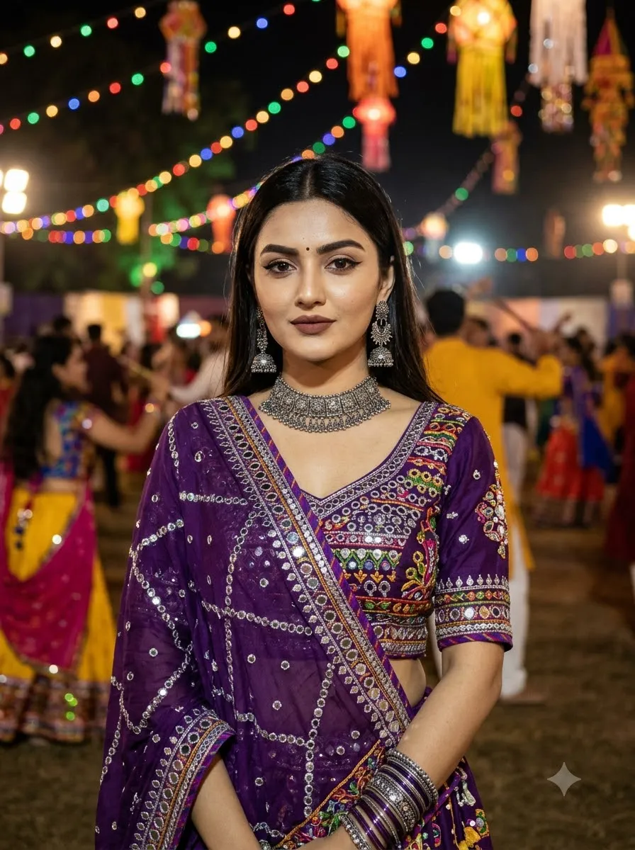 Purple Garba Look with Silver Jewellery
