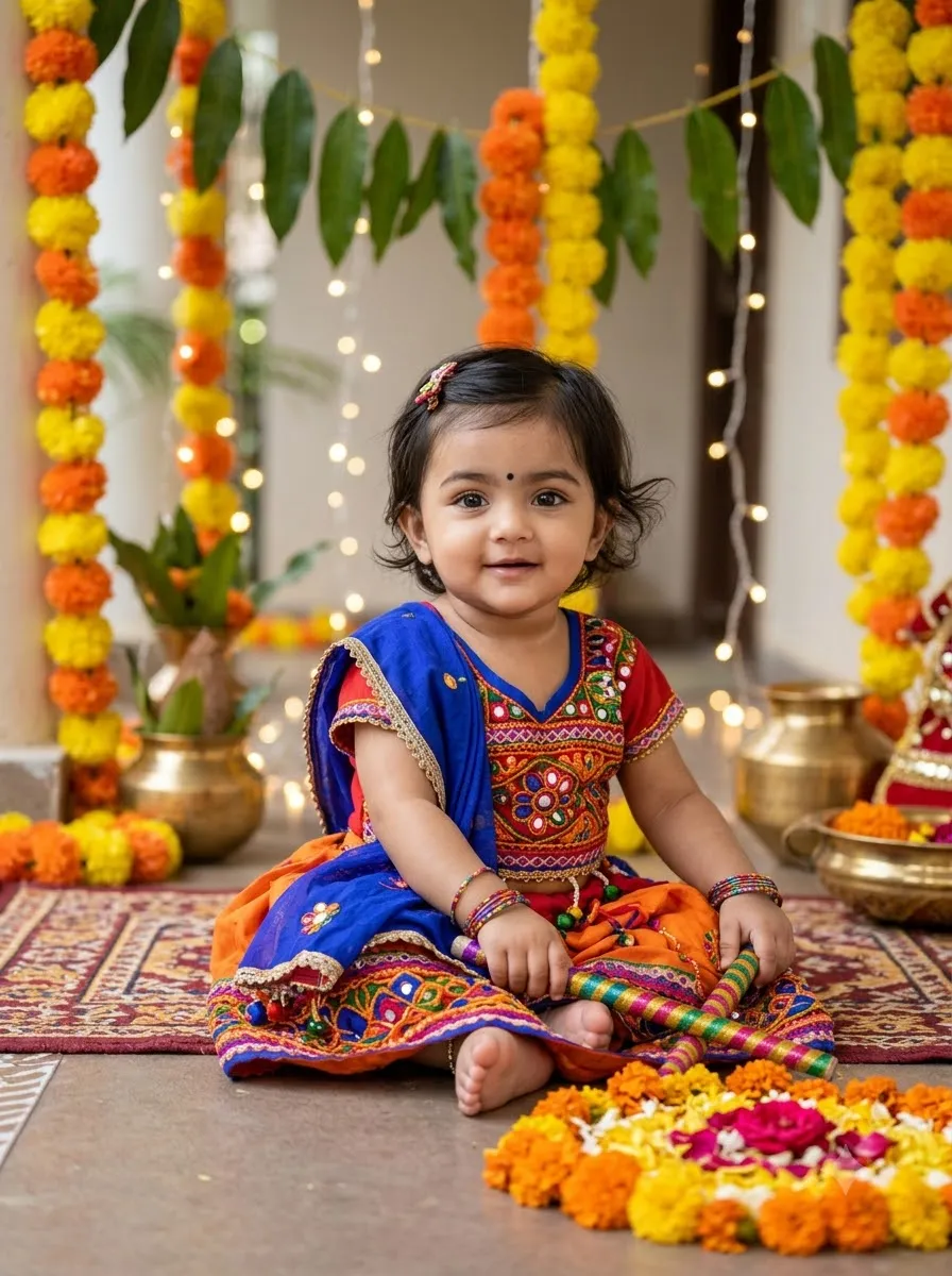 Baby Girl with a Colourful Festive Background