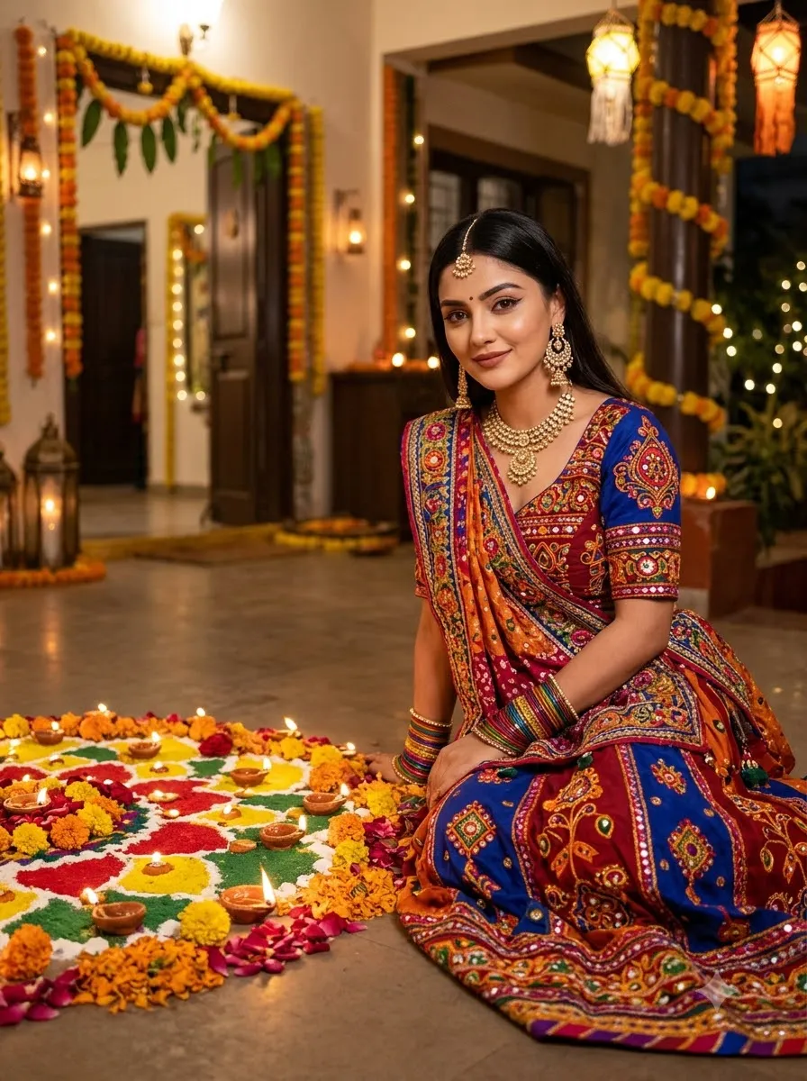 Navratri Portrait with Diyas and Rangoli