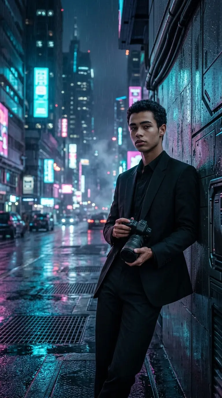 Rainy Neon City Portrait