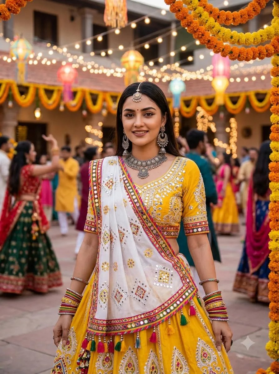 Yellow and White Festive Garba Look