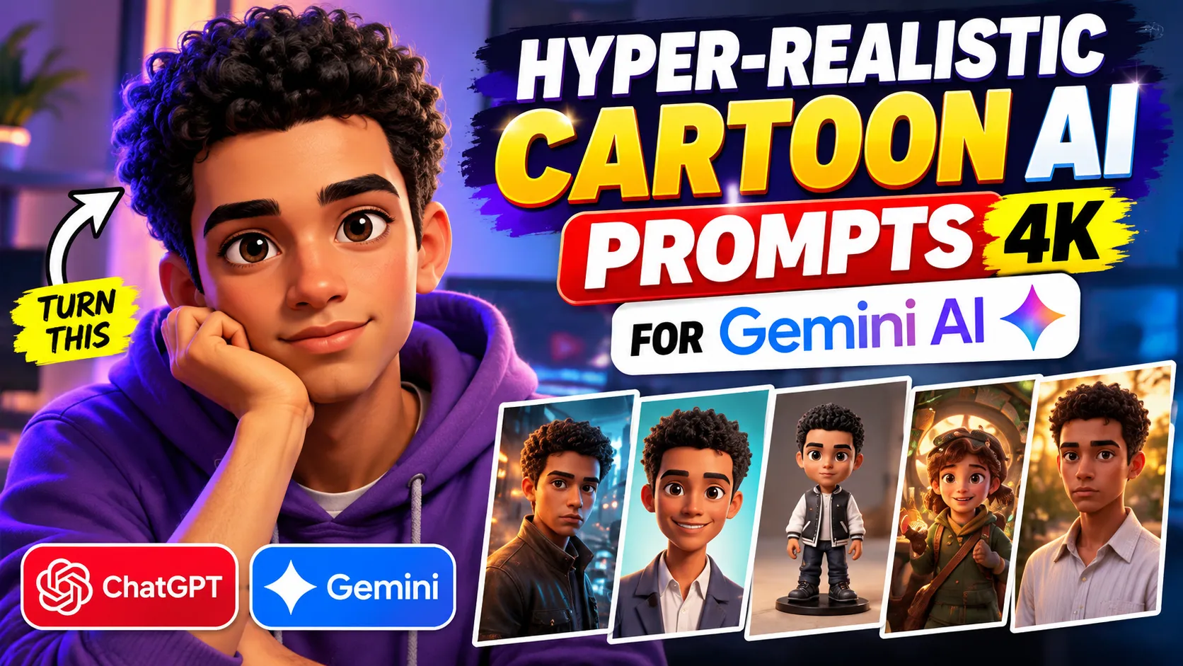 Hyper-Realistic Cartoon AI Prompts for 3D Portraits and Photo Editing