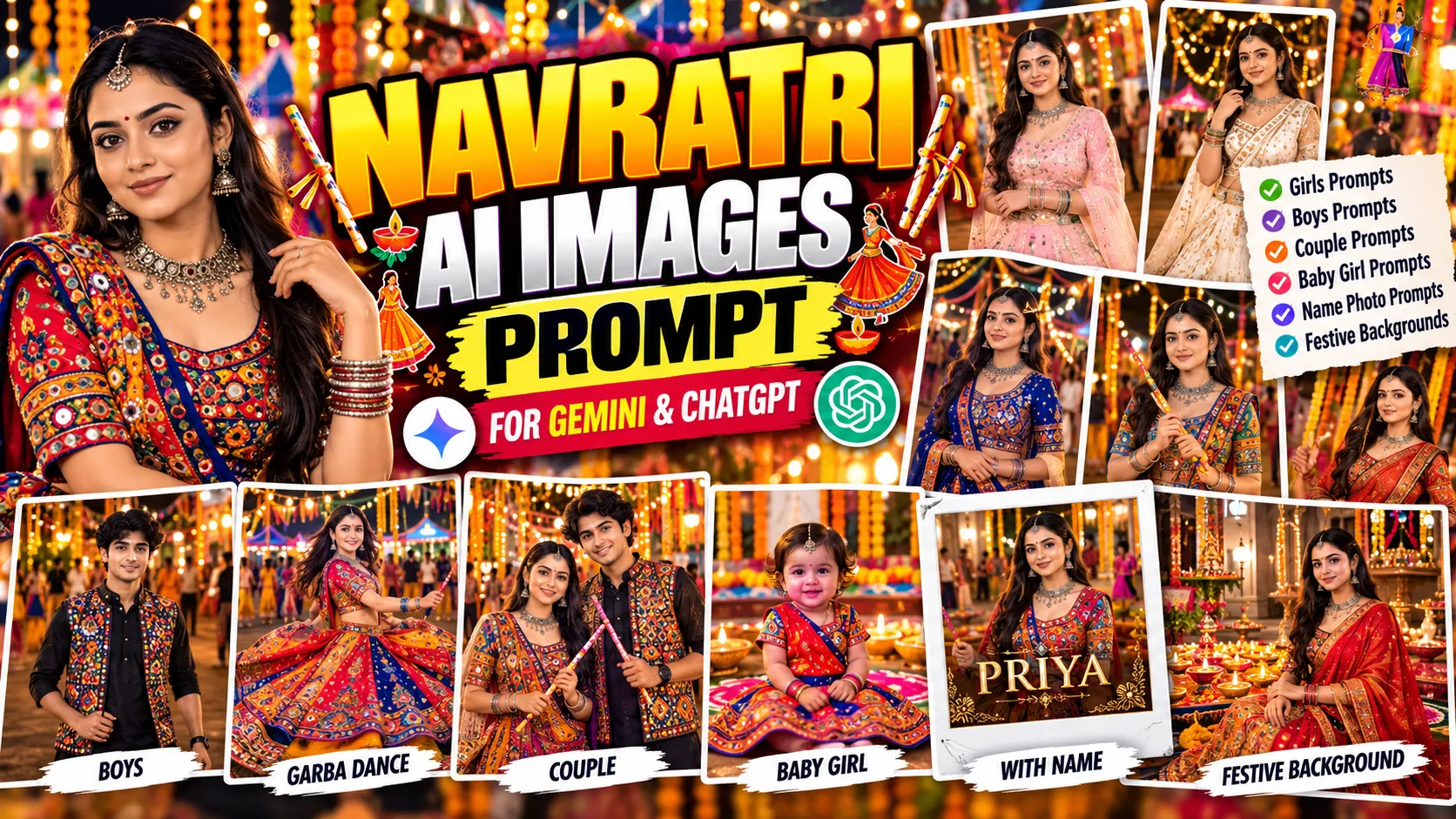 Garba prompt for girl showing a traditional mirror-work chaniya choli and festive Navratri photo style