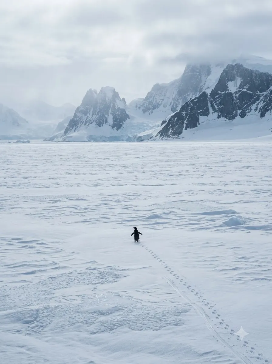 The Penguin Walking Toward the Mountains