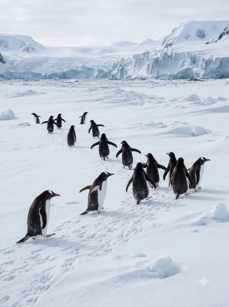 Penguins Walking Across Fresh Snow