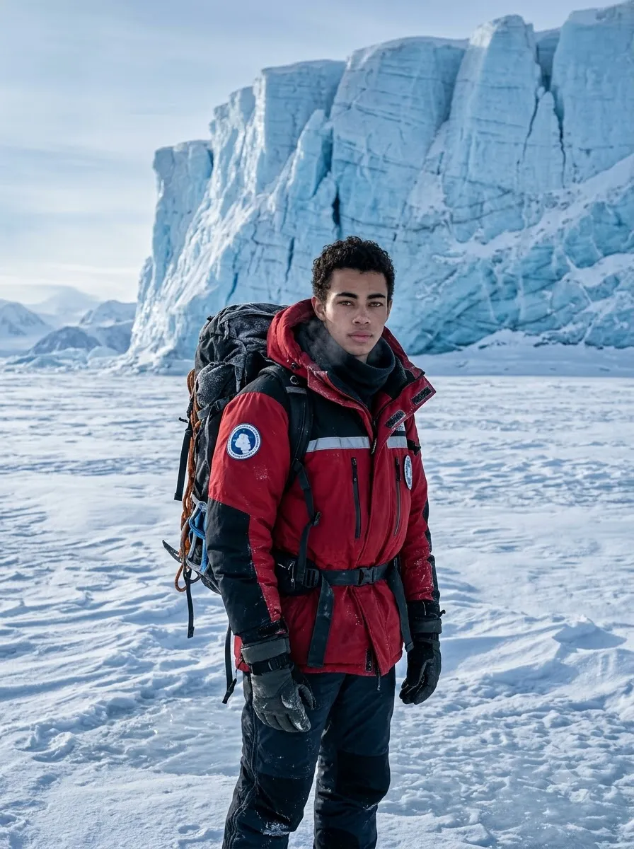 Explorer Standing Before a Blue Glacier