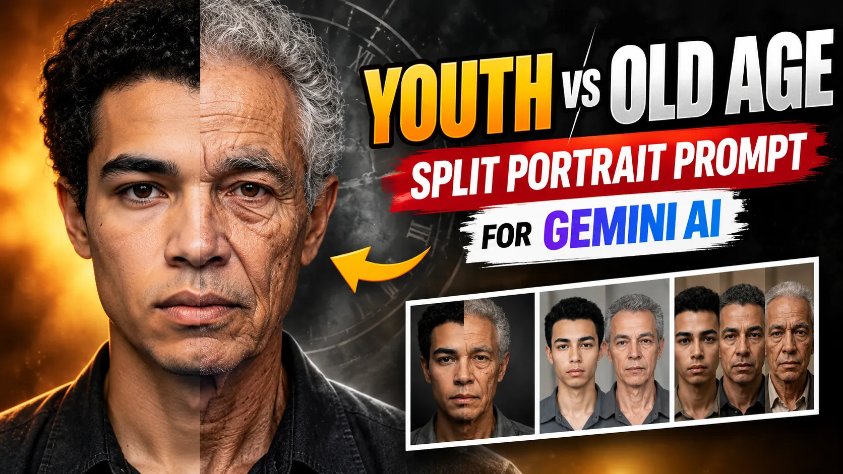 Youth vs Old Age Split Portrait Prompts for Gemini AI