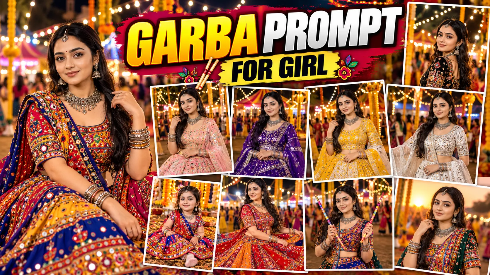 Garba prompt for girl showing a traditional mirror-work chaniya choli and festive Navratri photo style